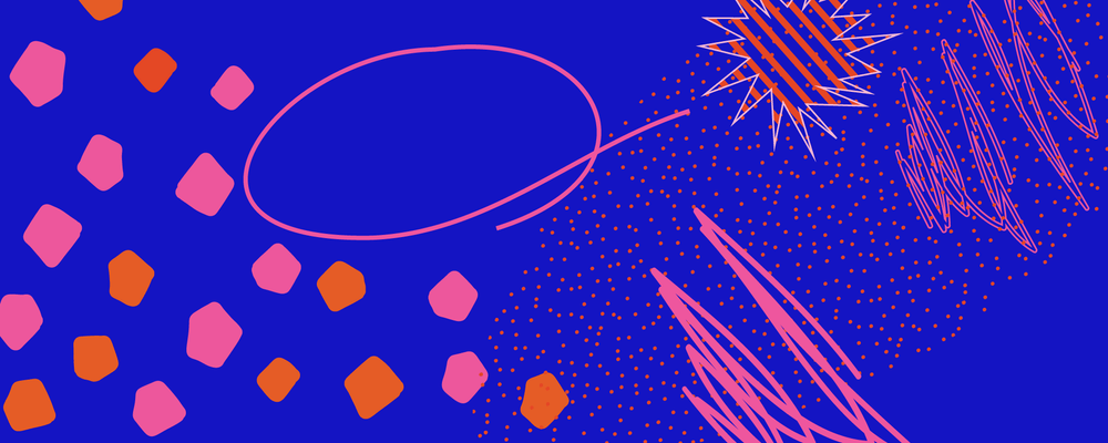 Abstract art with dark blue background, pink-orange shapes, polygons, dots, lines, sunburst.